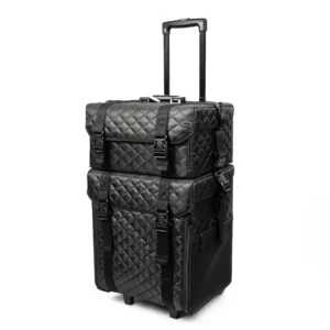 aluvox bh 0043t b black leather double layer makeup suitcase detachable rolling cases bag