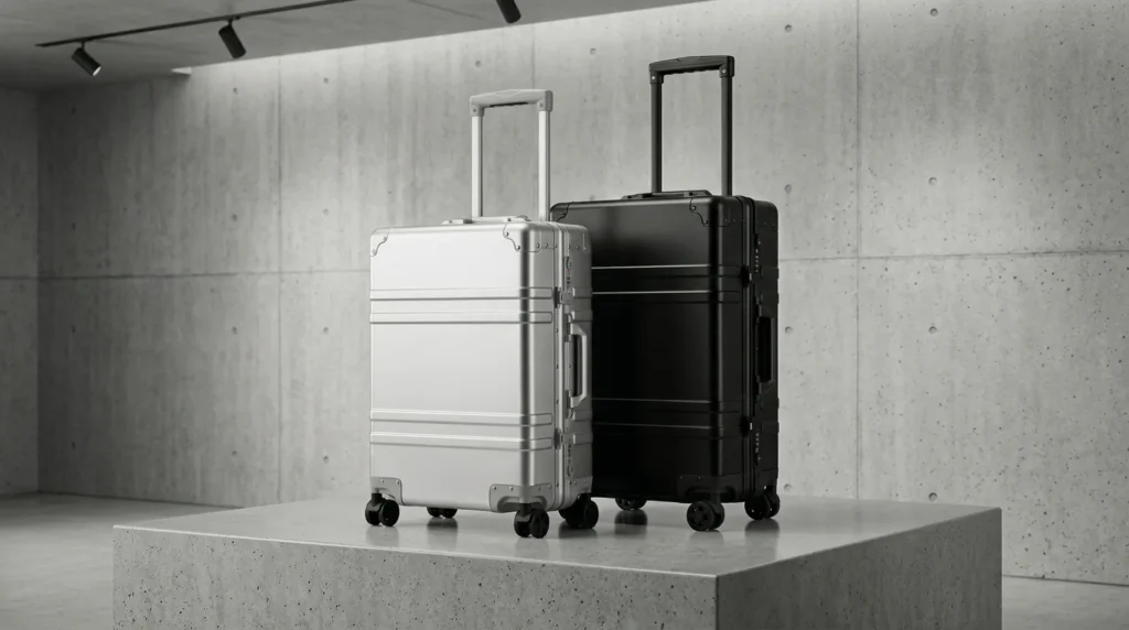 5052 aluminum luggage featuring zipperless metal frame and reinforced corners