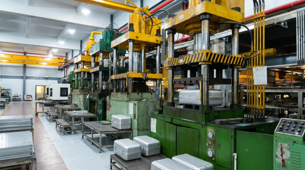 Aluminum luggage stamping workshop — in-house Series 5 aluminum-magnesium alloy shell production at Aluvox Dongguan factory