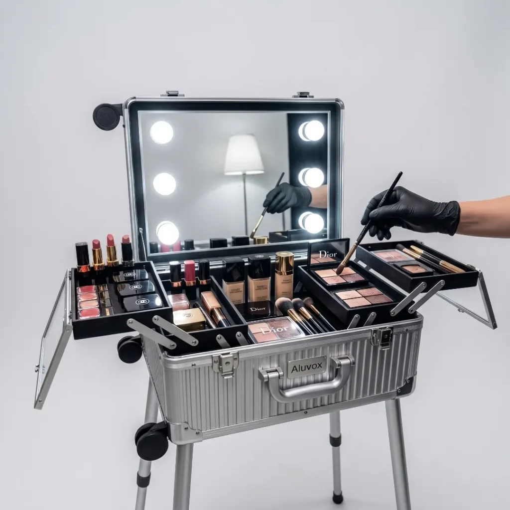aluminum trolley makeup train case with illuminated led mirror, hydraulic trays, and smart charging ports