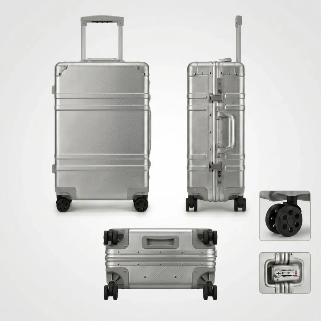 aluvox ts 001 aluminum zipperless luggage orthographic views