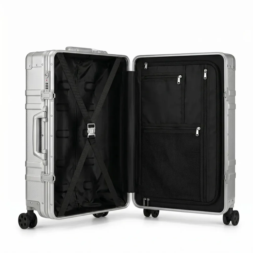 aluvox ts 001 luggage open interior with nylon dividers