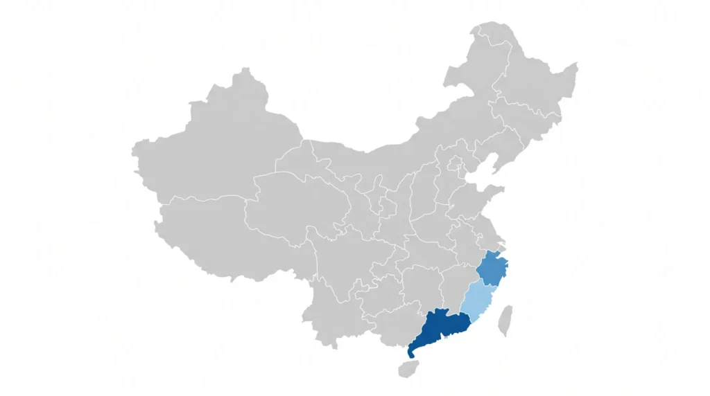 China luggage manufacturing regions — Guangdong for aluminum and premium hard shell, Zhejiang for PC and ABS volume production, Fujian for mixed OEM