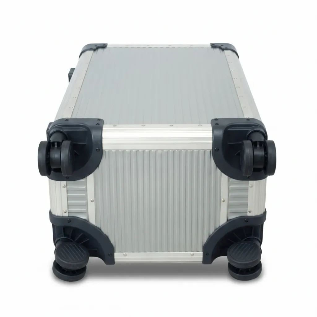 close up of four spinner wheels on the bottom of a silver aluminum suitcase