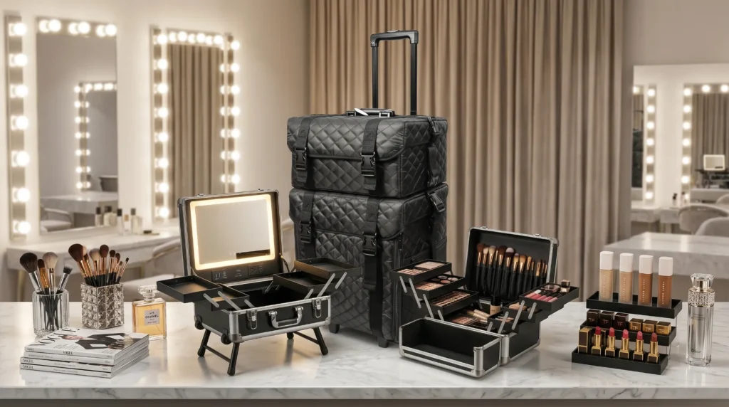 custom professional makeup case collection with 6 tier trays, led mirror, and rolling leather case on concrete counter