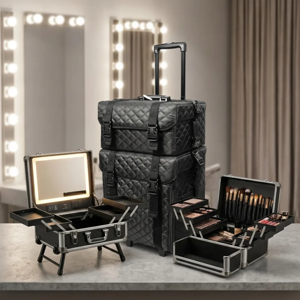 custom professional makeup case collection with 6 tier trays, led mirror, and rolling leather case on concrete counter