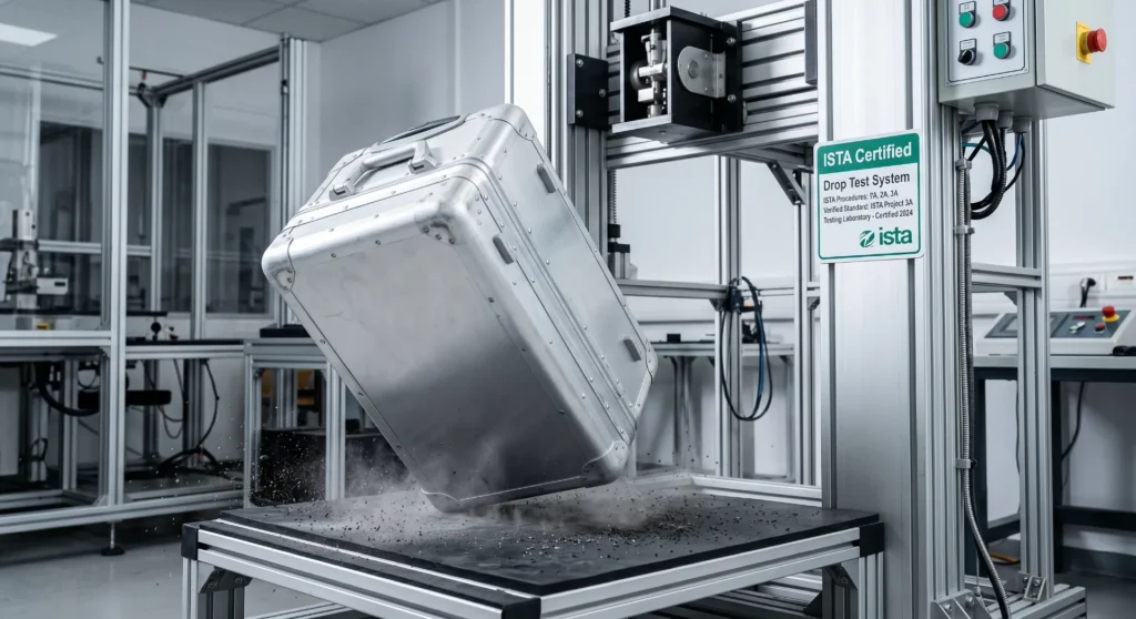 ista certified drop test system testing a silver aluminum suitcase in a laboratory.