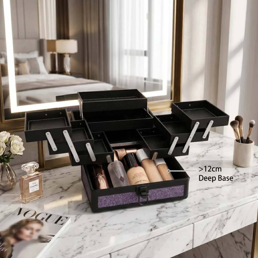 professional heavy duty makeup storage organizer case with 6 tier cantilever trays and 12cm deep base