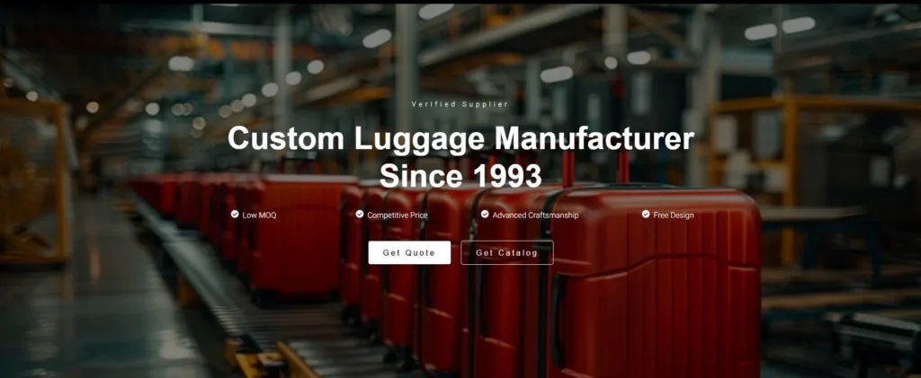 screenshot of aluvox homepage, custom luggage manufacturer since 1993.