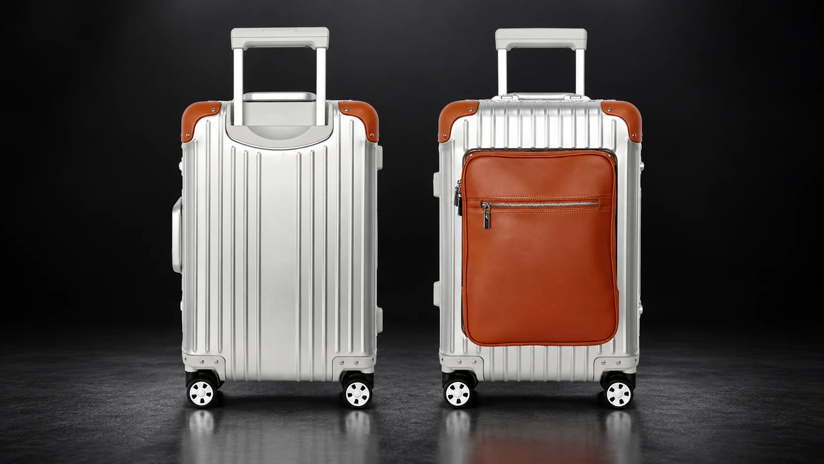 Studio layout illustration showing rear and front views of the silver TS-003 suitcase in one row