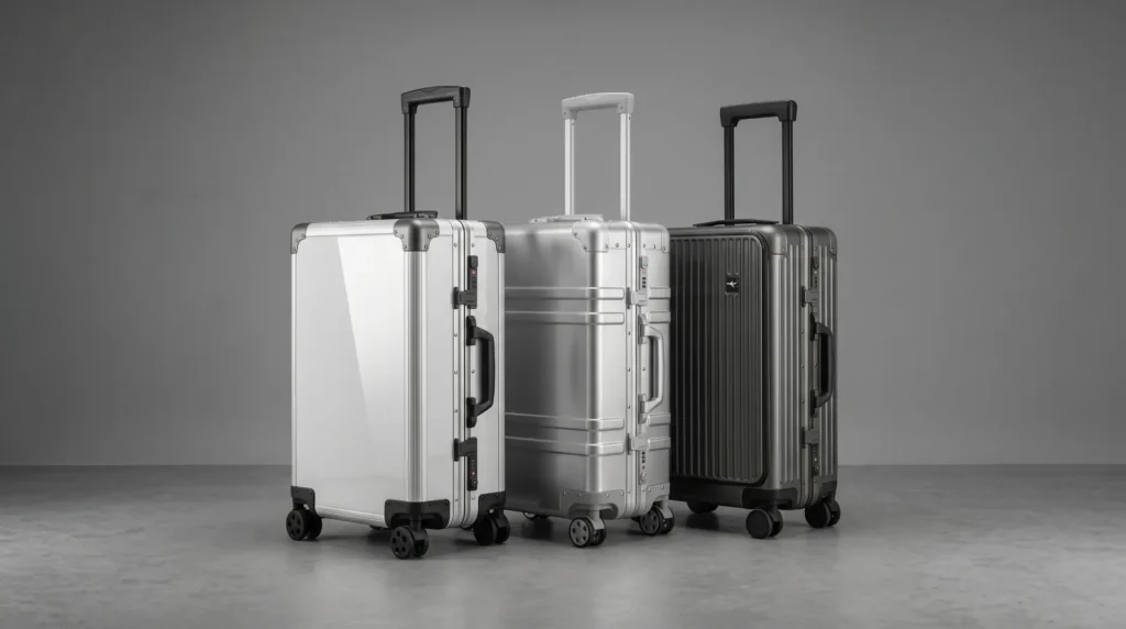 three different aluminum suitcases in a studio setting, showing various finishes and styles.