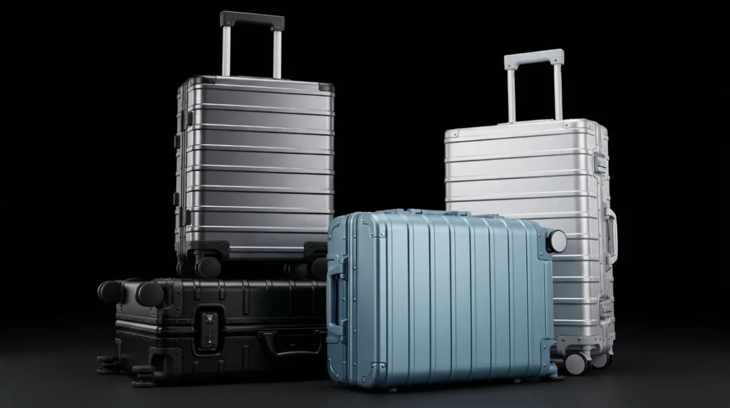 a complete lineup of custom industrial aluminum luggage cases in various sizes manufactured by aluvox