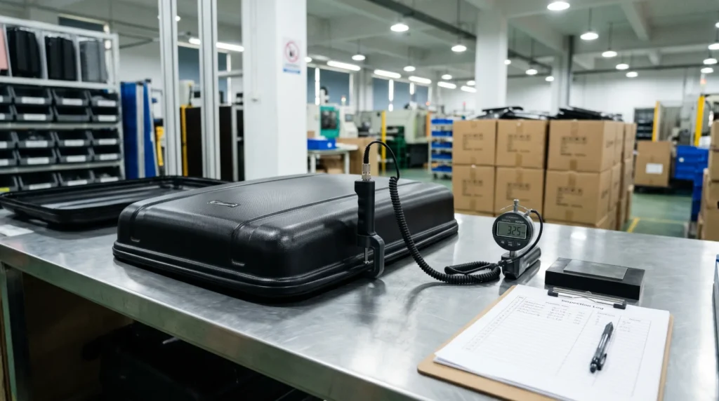 ABS luggage shell thickness quality control testing — production consistency verification at Aluvox factory