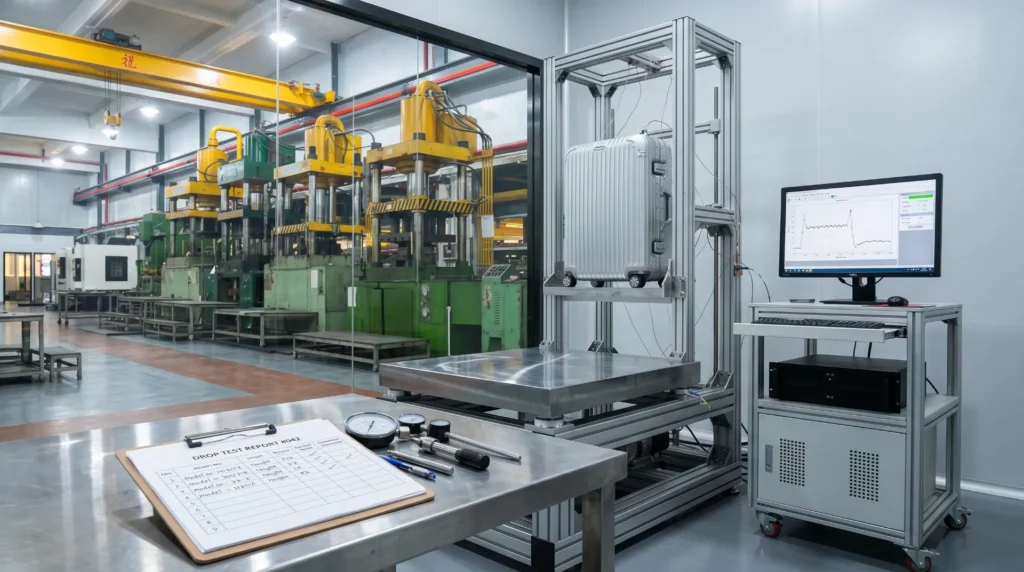 Aluminum luggage QC testing and documentation — drop test corner impact and compression testing at Aluvox factory