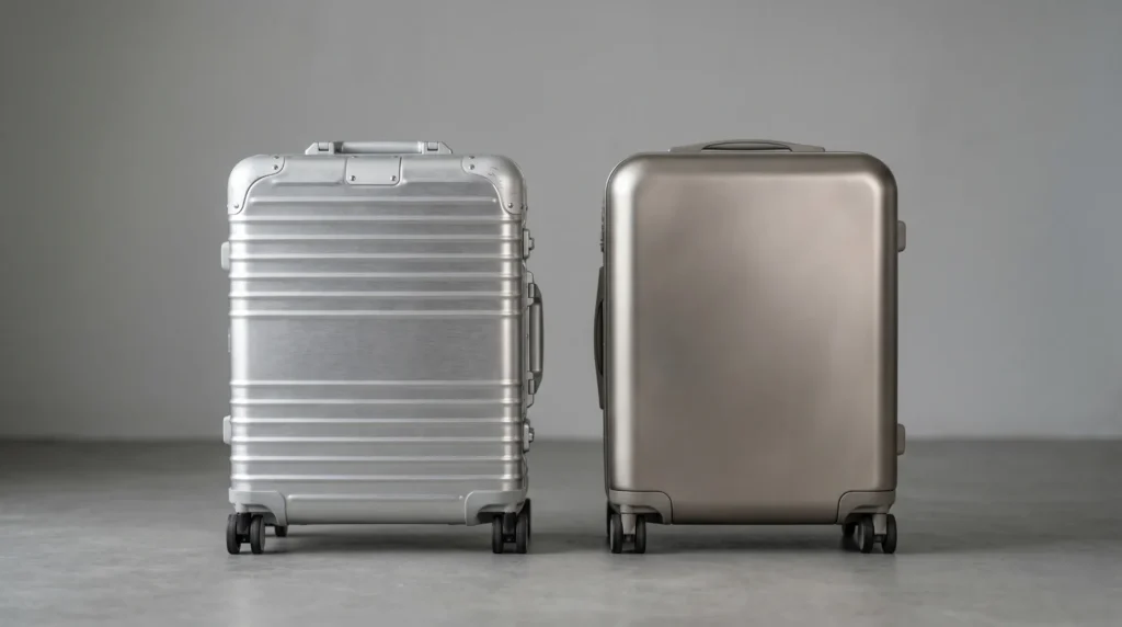 Aluminum vs titanium metal luggage — material comparison for OEM brand buyers showing surface finish differences