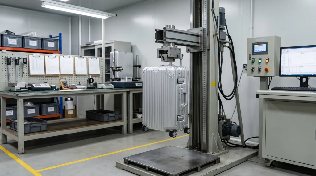 Aluvox luggage QC drop test process — ISTA 2A and ASTM D5276 compliance testing for aluminum and polycarbonate suitcases