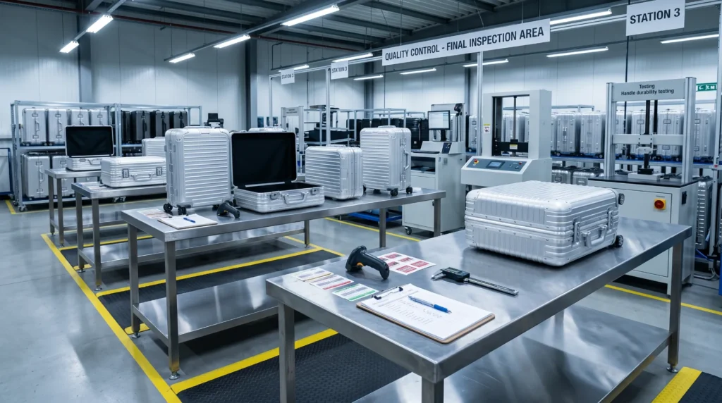 Aluvox luggage factory quality inspection process — pre-shipment QC covering structural hardware and surface testing