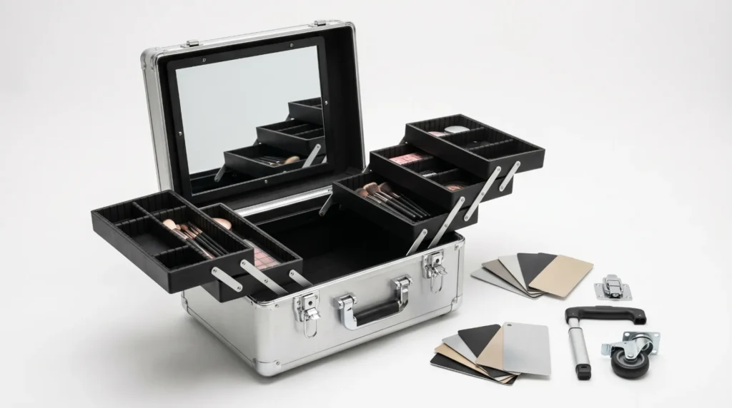 Aluvox makeup case customization options — interior tray configuration logo hardware and color options for OEM beauty brands