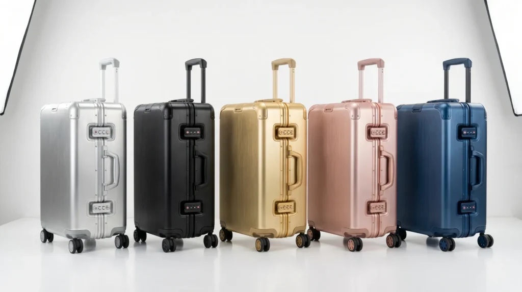 Aluvox ODM luggage program — multiple color options available from existing tooling, MOQ 300 pcs with color splitting supported