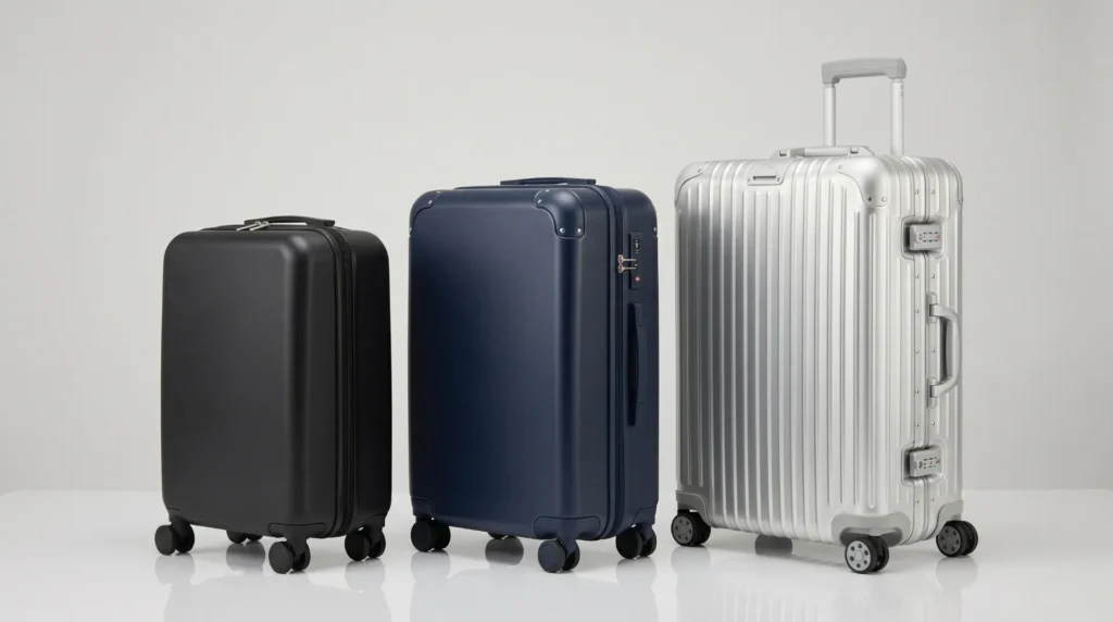 Aluvox private label luggage material progression — ABS to polycarbonate to aluminum brand scaling strategy