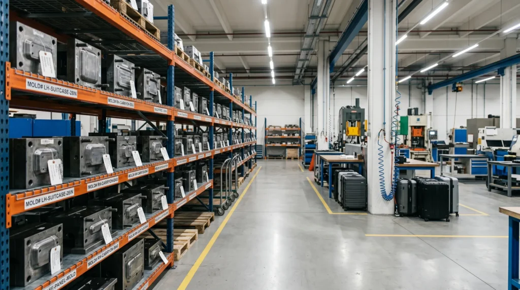 Luggage OEM tooling and mold workshop — existing tooling supports MOQ 300 pcs at Aluvox Dongguan factory