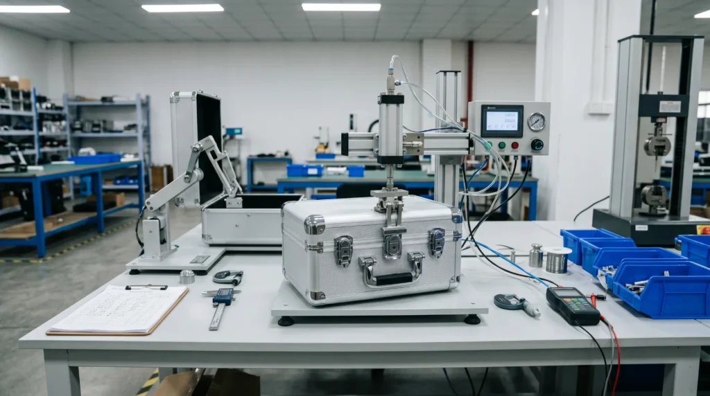 Makeup case factory QC testing process — hardware cycle testing and structural inspection at Aluvox Dongguan facility