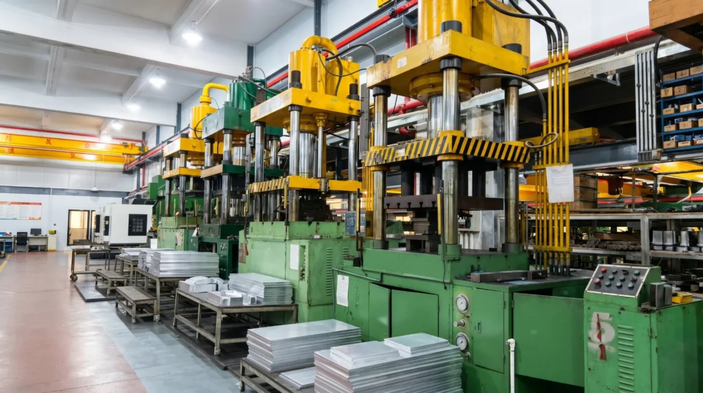 Metal suitcase stamping production line — hydraulic press forming aluminum luggage shells at Aluvox Dongguan factory