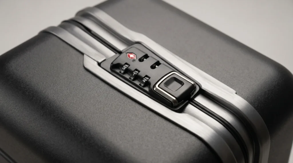 Zipperless luggage TSA combination lock detail — frame closure system security for carry-on and checked baggage