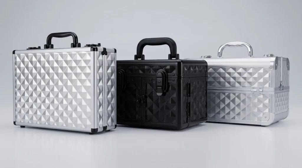 Range of Aluvox ABS makeup train cases in black and silver diamond-texture finishes
