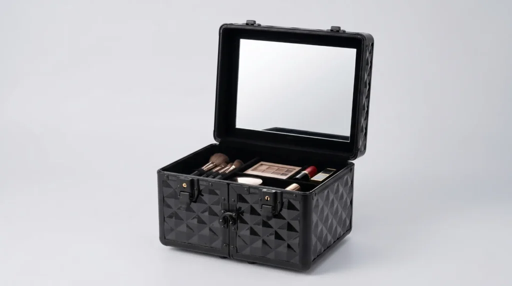 Aluvox D3500 black diamond-pattern ABS makeup train case with a built-in mirror