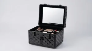 Aluvox D3500 black diamond-pattern ABS makeup train case with a built-in mirror