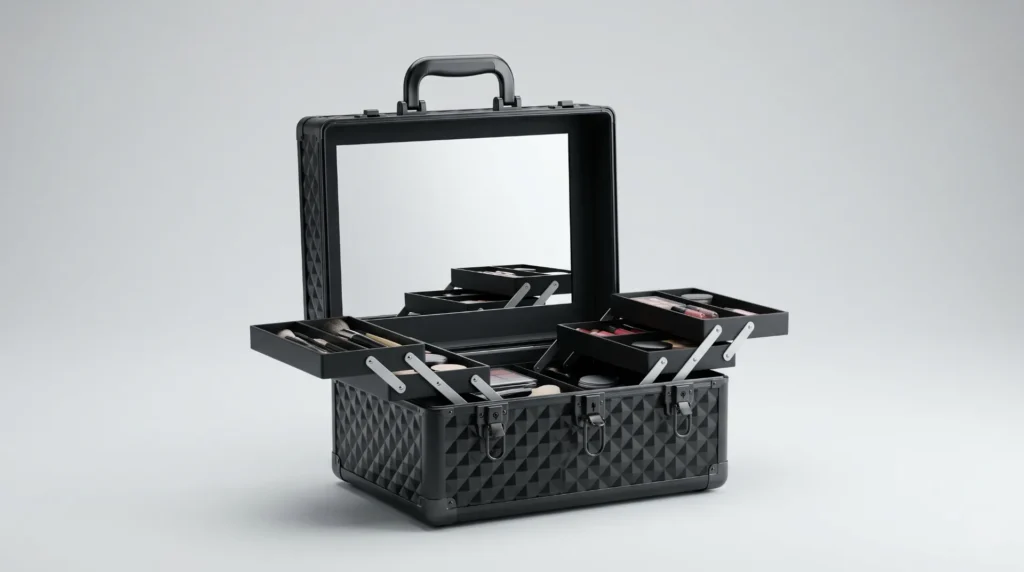 Open Aluvox ABS makeup case showing storage trays and a built-in mirror