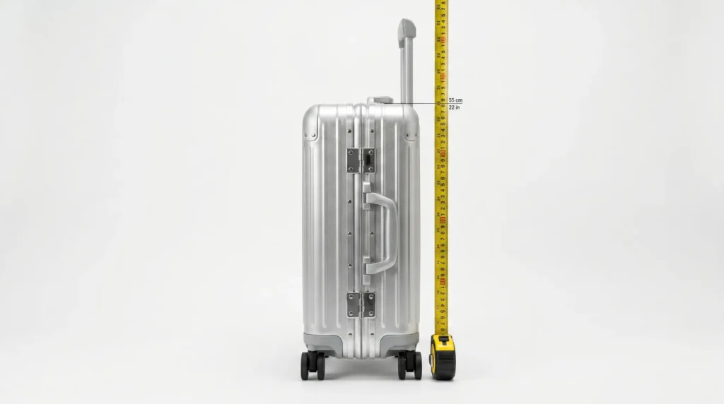 Aluminum carry-on luggage airline size comparison — IATA standard dimensions with wheels and handle included