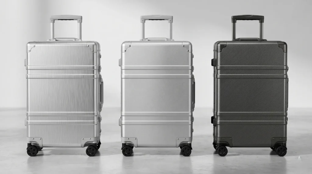 Aluminum carry-on surface finish options — brushed sandblasted and anodized finishes for premium luggage brands