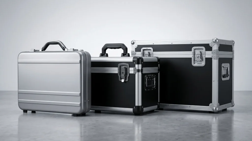 Lineup of aluminum cases including tool case, flight case and briefcase from an aluminum case supplier