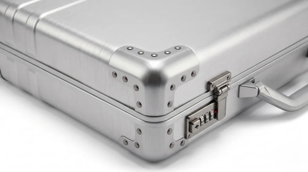 Close-up of an aluminum case corner with reinforced guard, rivets and metal latch