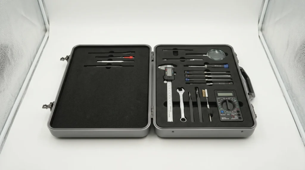 Open aluminum case with custom-cut foam insert protecting tools and instruments
