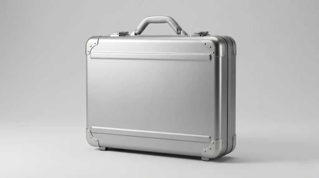 Silver aluminum carrying case with reinforced corners and latches from an aluminum case manufacturer