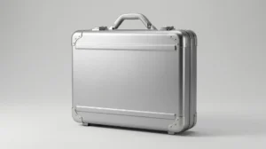 Silver aluminum carrying case with reinforced corners and latches from an aluminum case manufacturer
