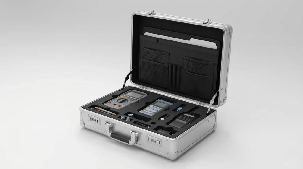 Open Aluvox aluminum case showing a foam-fitted interior