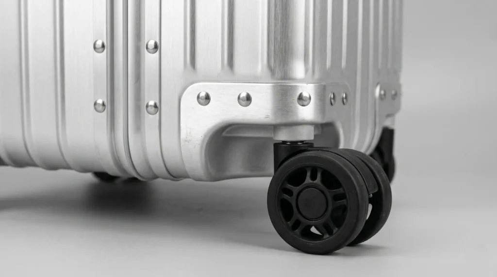 Close-up of an aluminum transport case corner, latch and caster