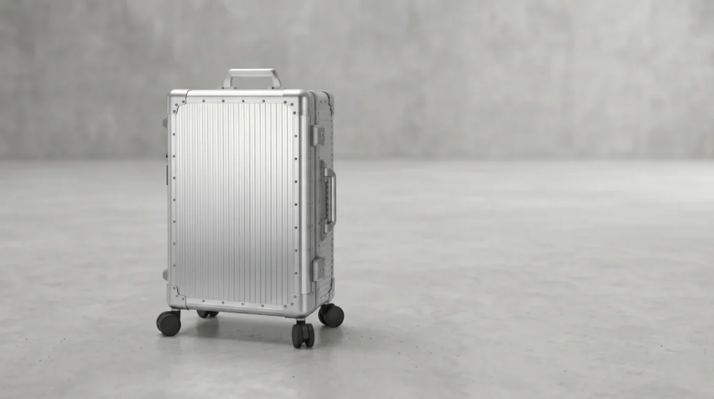 Aluminum frame makeup trolley with telescopic handle and spinner wheels — closed view of professional cosmetic case