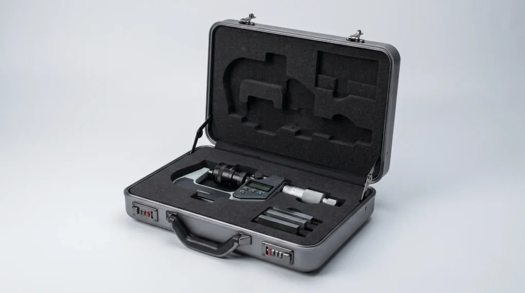 Open aluminum instrument case with CNC-cut foam cradling a precision instrument