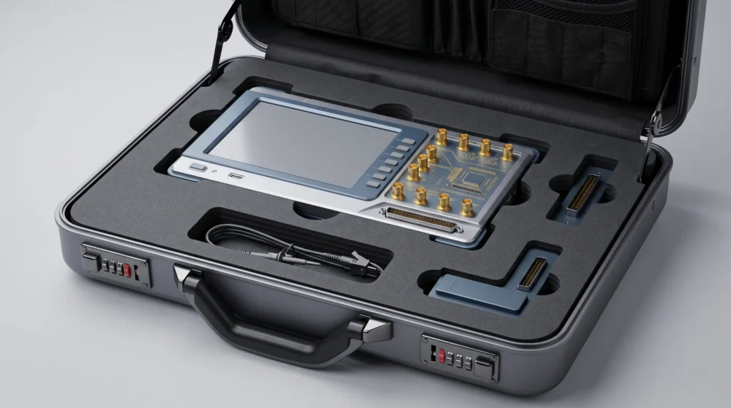 Detail of ESD-safe CNC-cut foam holding a sensitive electronic instrument