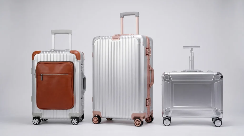 Range of Aluvox aluminum luggage in several finishes and sizes