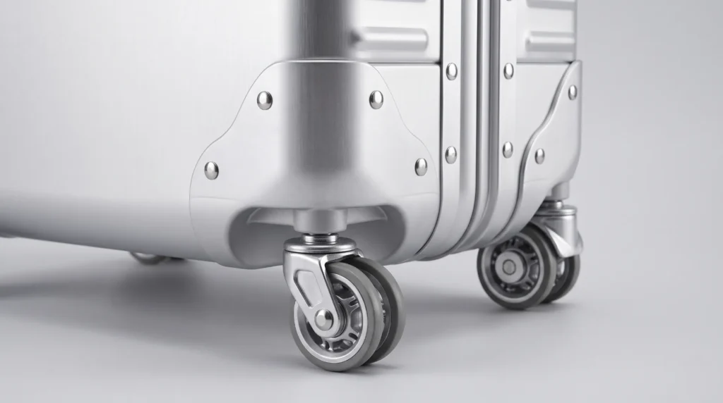 Close-up of an Aluvox aluminum suitcase reinforced corner and spinner wheel