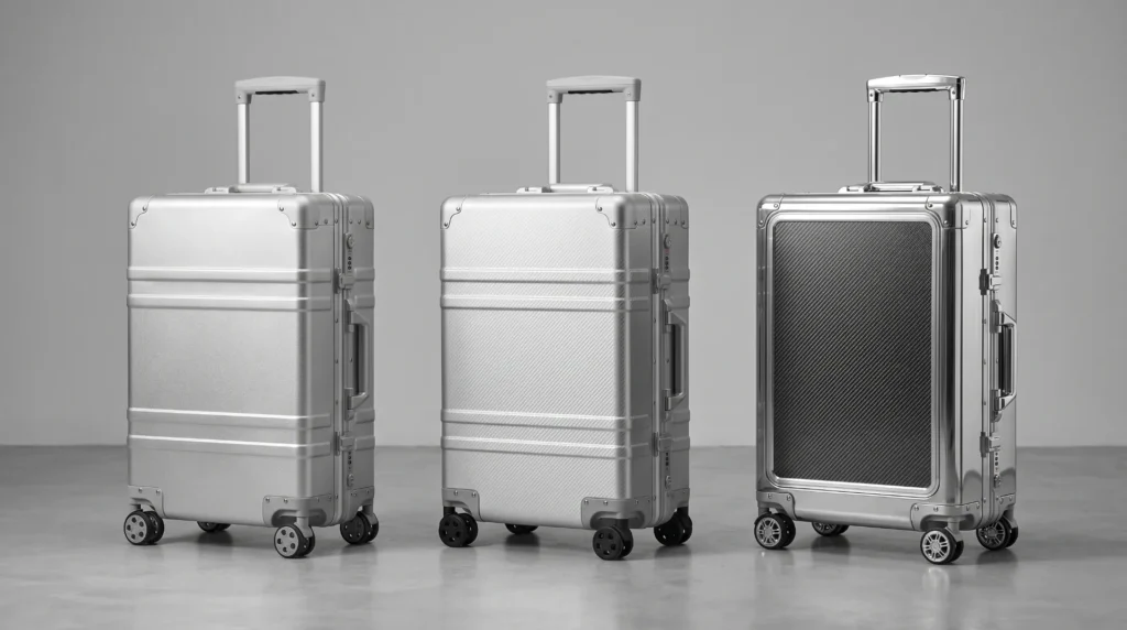 Aluminum luggage across price tiers — premium, mid, and entry aluminum cases compared