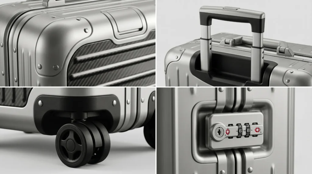 Aluminum luggage quality criteria — grooved shell, spinner wheels, telescopic handle, and frame closure