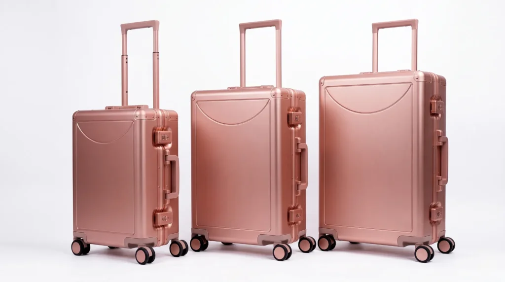Aluminum luggage set color consistency delta-E standard — coordinated rose gold anodized finish across three sizes