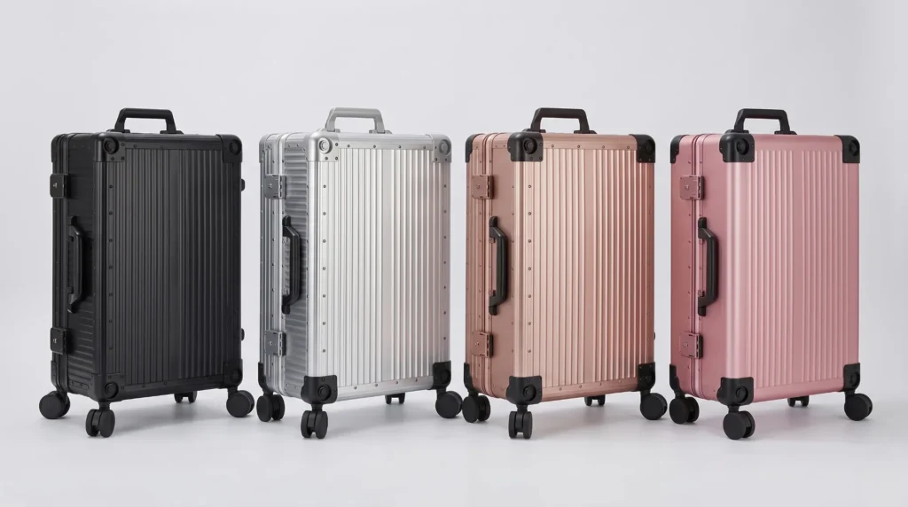 Aluvox YCT-026T aluminum makeup trolley case shown in black, silver, rose gold and pink finishes